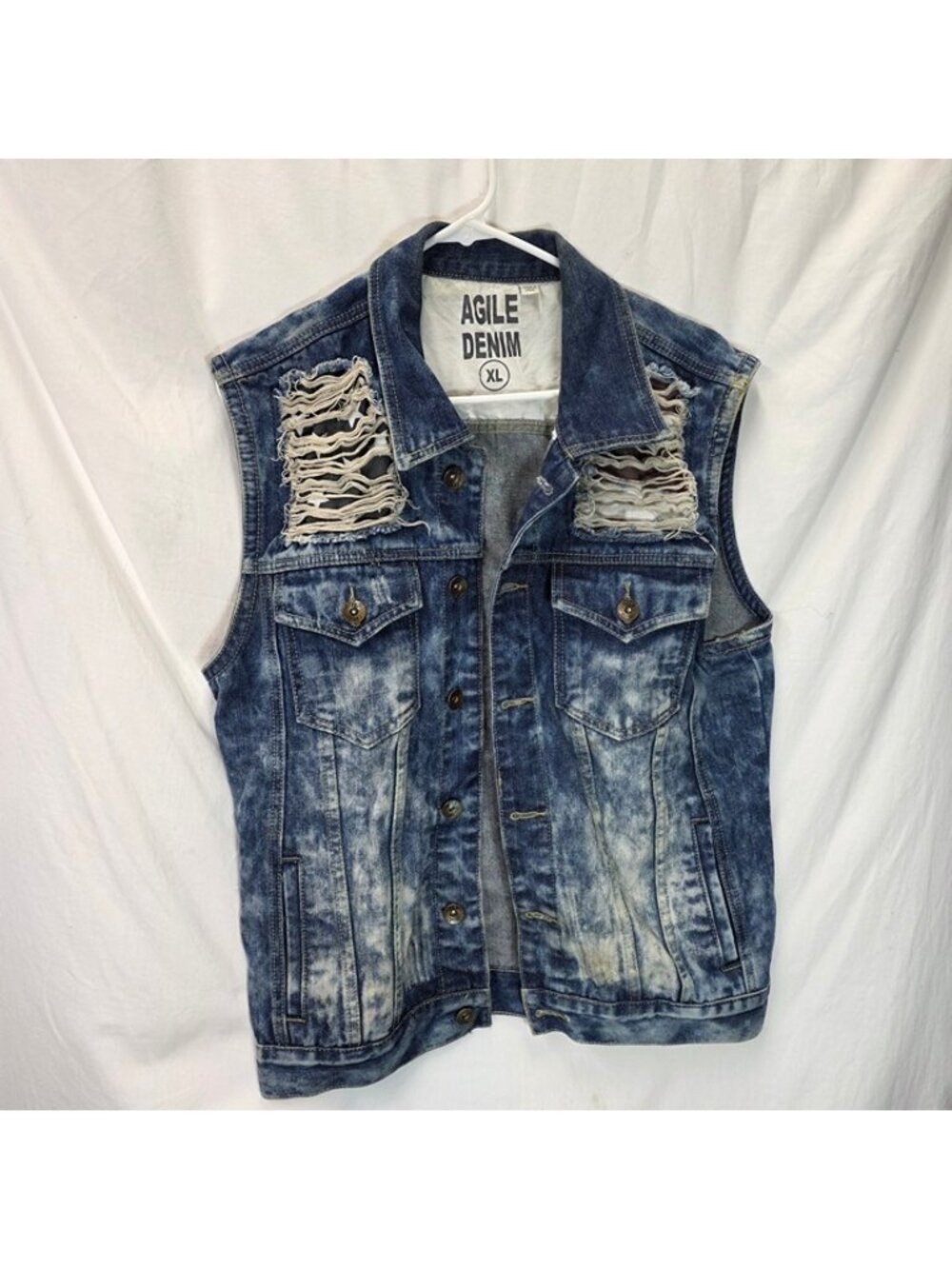 Agile Denim Distressed Acid Wash Denim Vest XL